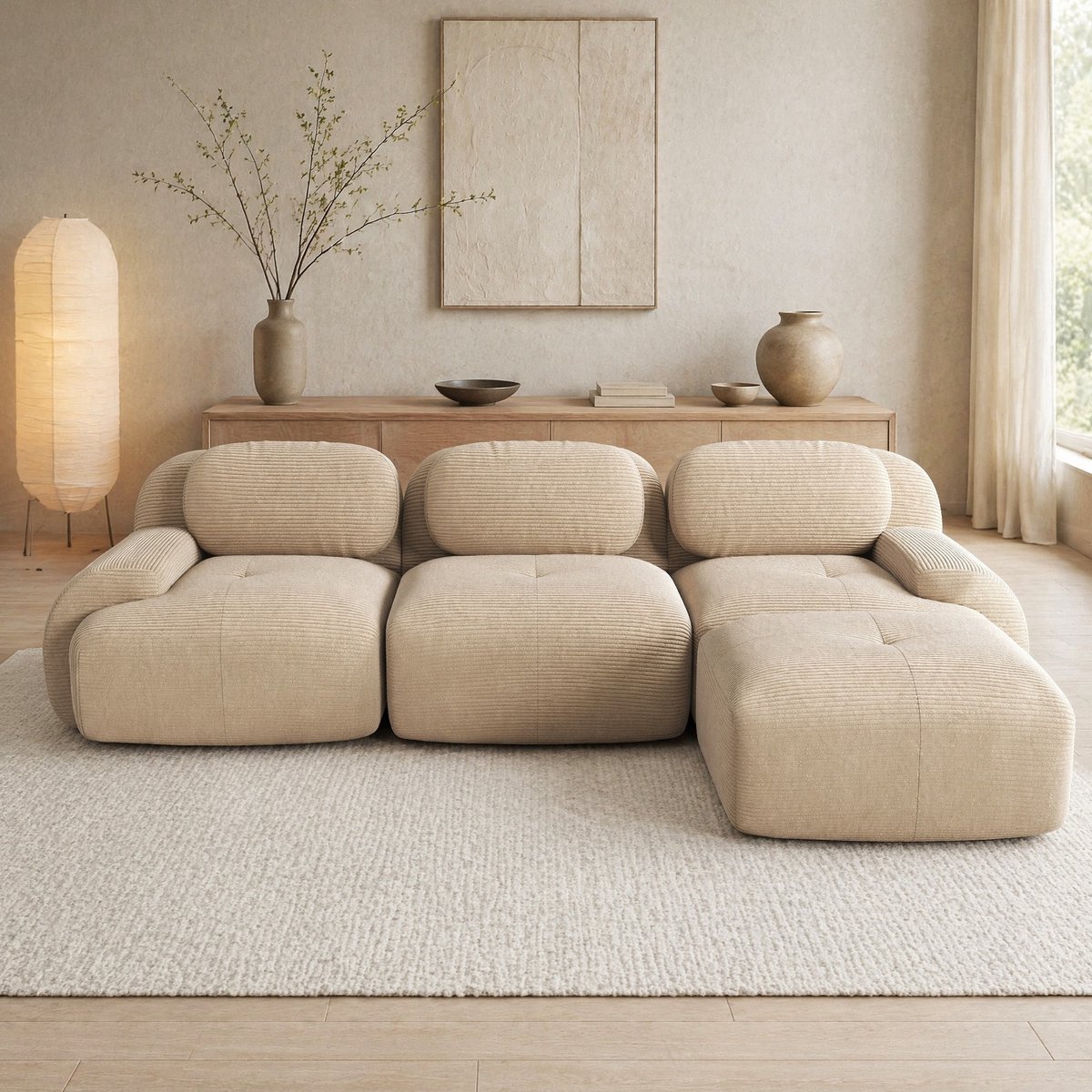COVREO Hoekbank 298 x 178 x 70 cm - beige corduroy, modulair, zonder montage