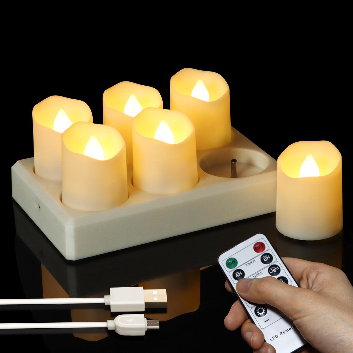 SnelShoppen - Oplaadbare LED Theelichtjes 6 Stuks met Laadstation, Elektrische Kaarsen met Afstandsbediening, Timer, Flikkerfunctie, Dimbaar, Warmwit