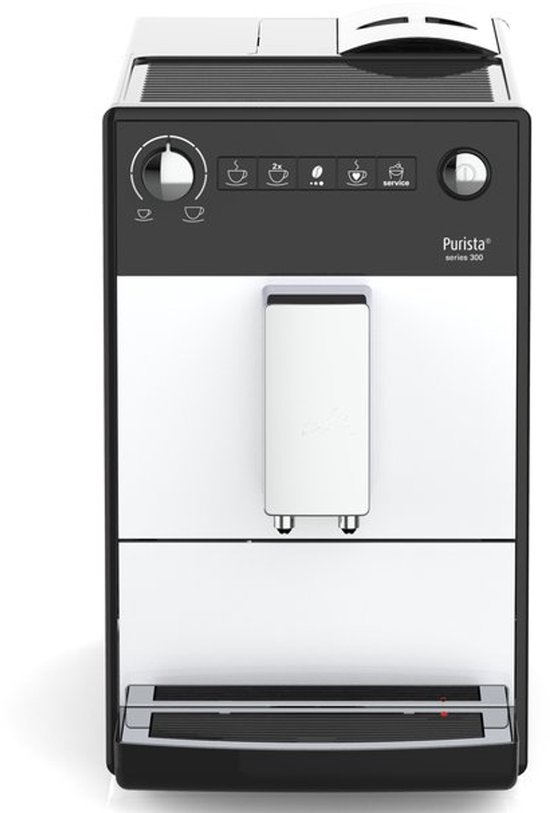 Zwart-witte volautomatische espressomachine met chrome accenten.