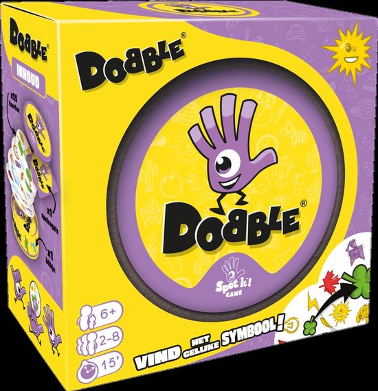 Dobble spelverpakking met de tekst 'Vind het gelijke symbool!' en afbeeldingen van een zon, handje, klaver en bliksem.