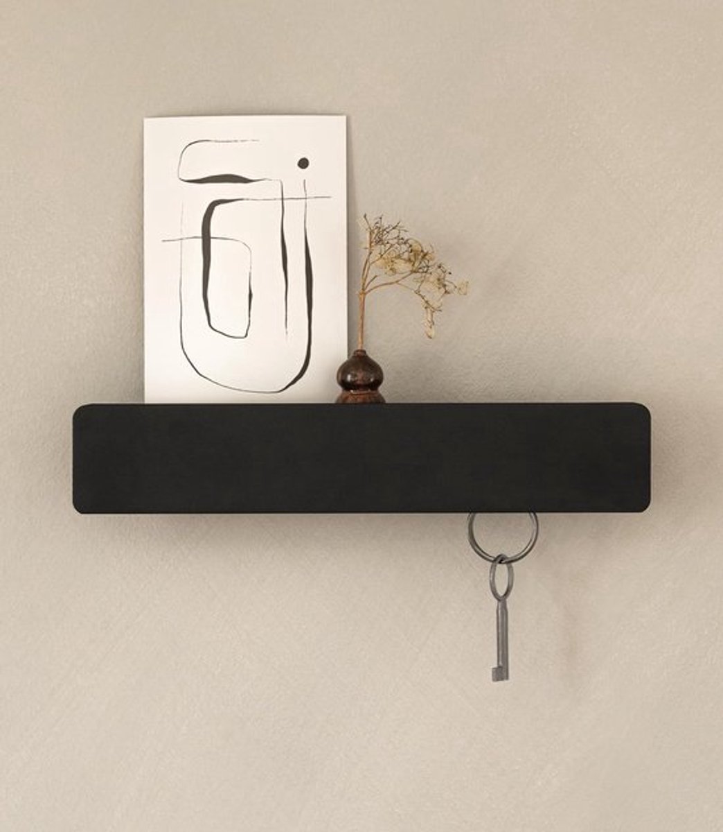 Thijox - Kazai Sleutelkastje 'Kian' | Minimalistisch Sleutelhaak-Design uit Berlijn | Moderne Sleutelhouder Muur met Metalen Plankje | Zwart Sleutelre
