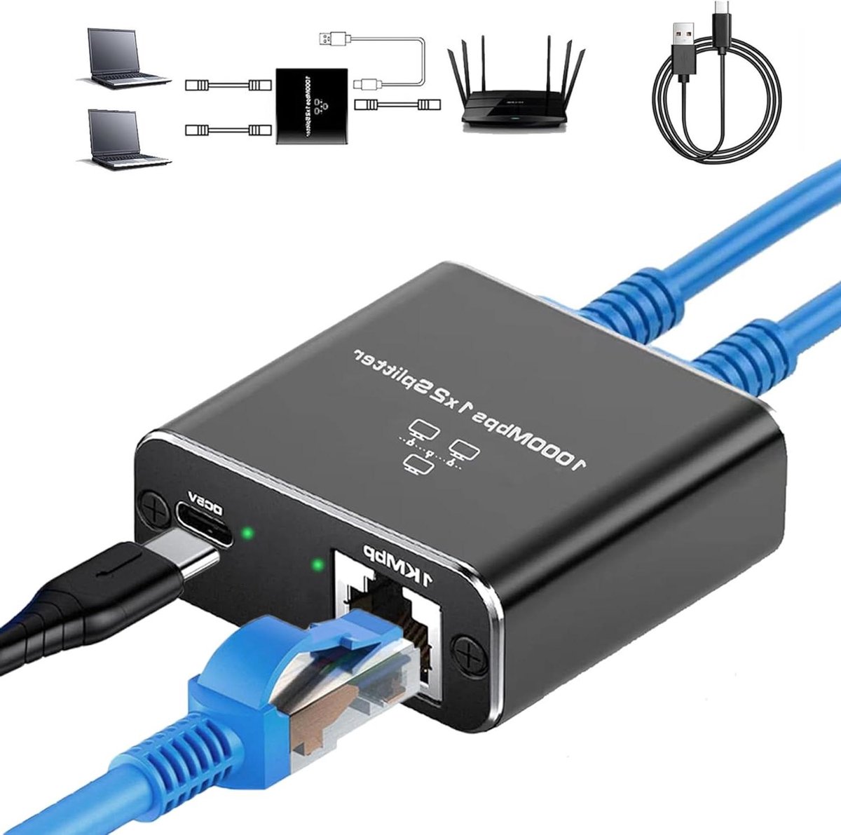 Ethernet Splitter - Netwerk Splitter - Netwerk Uitbreiden - Gigabit Snelheid - 1 tot 2 Poorten - Zwart
