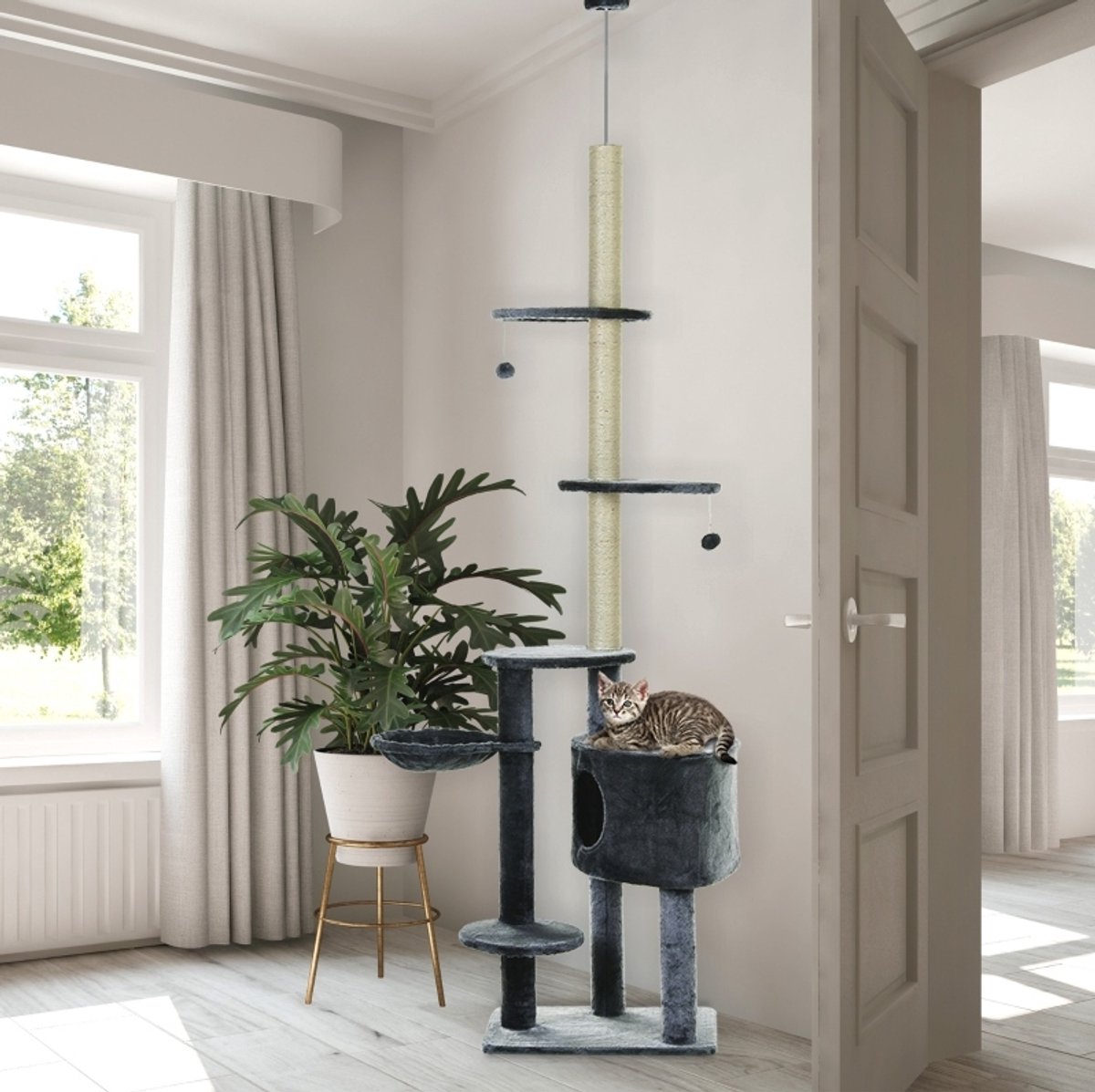 MIVRAY Krabpaal Verstelbaar 220 265 cm Pluche Donkergrijs Met Kattenhuis Hangmat Sisalstammen En Speelplatforms Voor Meerdere Katten