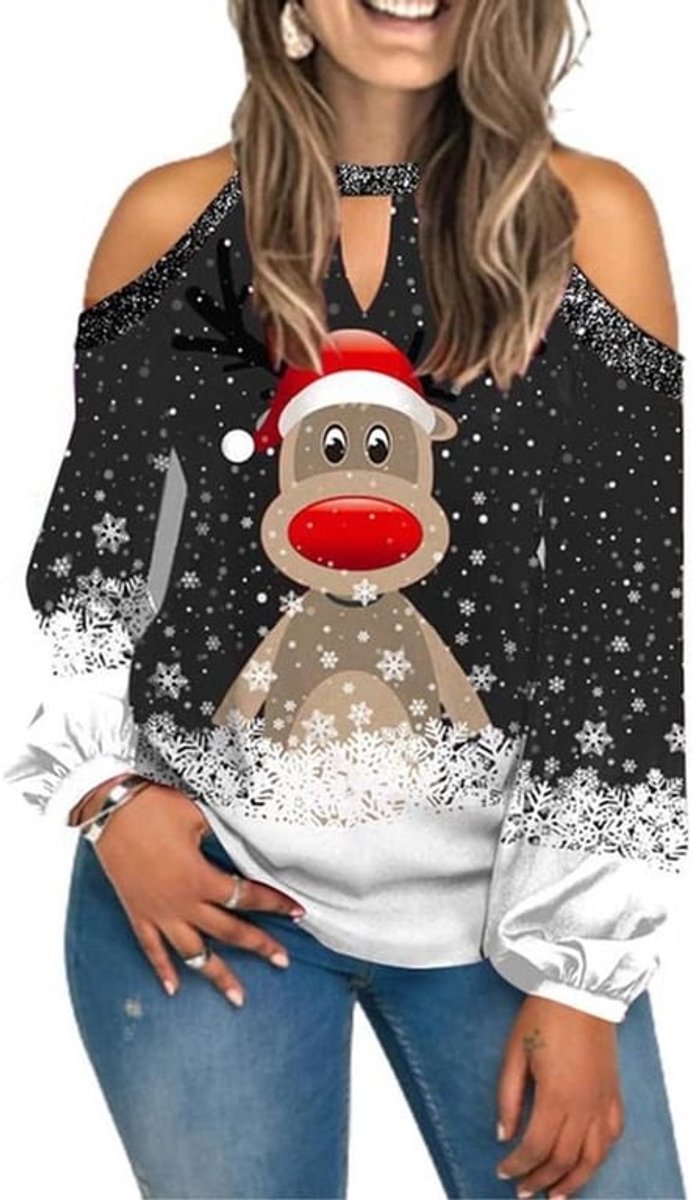 Dames sweatshirt met Kerstmis thema, schouders, lange mouwen en kerstboomprint
