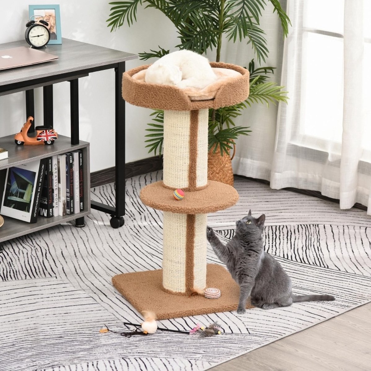 MIVRAY Krabpaal Met Platform En Kussen 91 Cm Polyester Lichtbruin Met Sisalstammen Voor Krabben Klimmen En Rusten