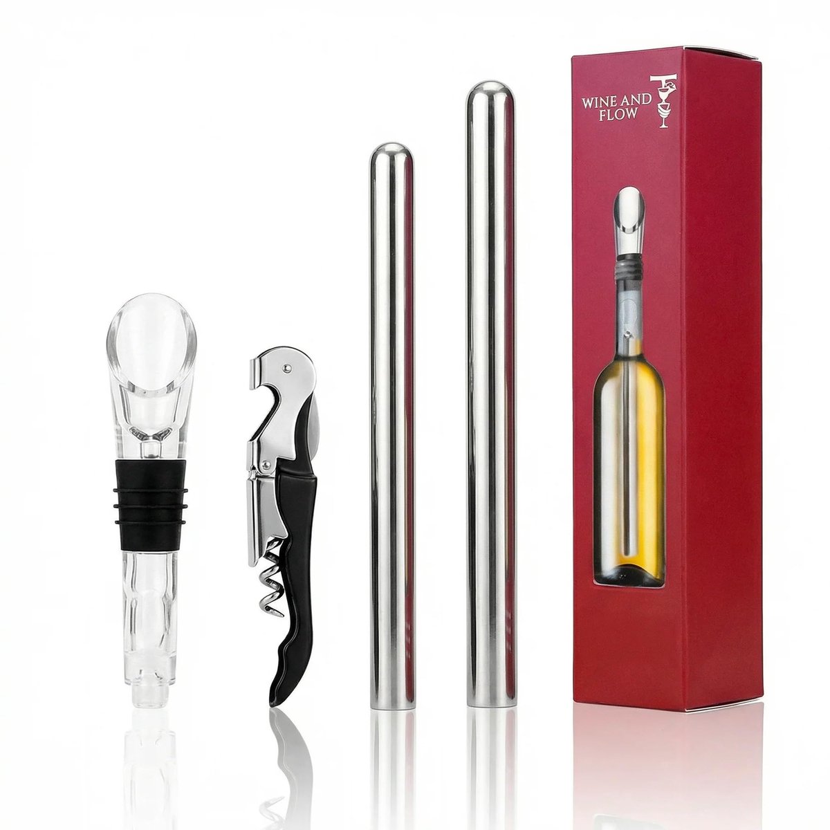 SnelShoppen - Wine and Flow 5-in-1 Wijnkoelingsset met 2 Roestvrijstalen Koelstaafjes, Schenktuit, Deksel, IJsvrije Wijnfleskoeler - Perfect Cadeau vo