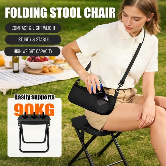 Opvouwbare kampeerstoel - met net en schouderbanden - Viskruk - Camping opvouwbare kruk - Mini opvouwbare stoel - Opvouwbare stoel voor buiten - Geschikt voor reizen, picknicks, wandelen, vissen, tuinieren - Zwart van Merkloos — afbeelding 4