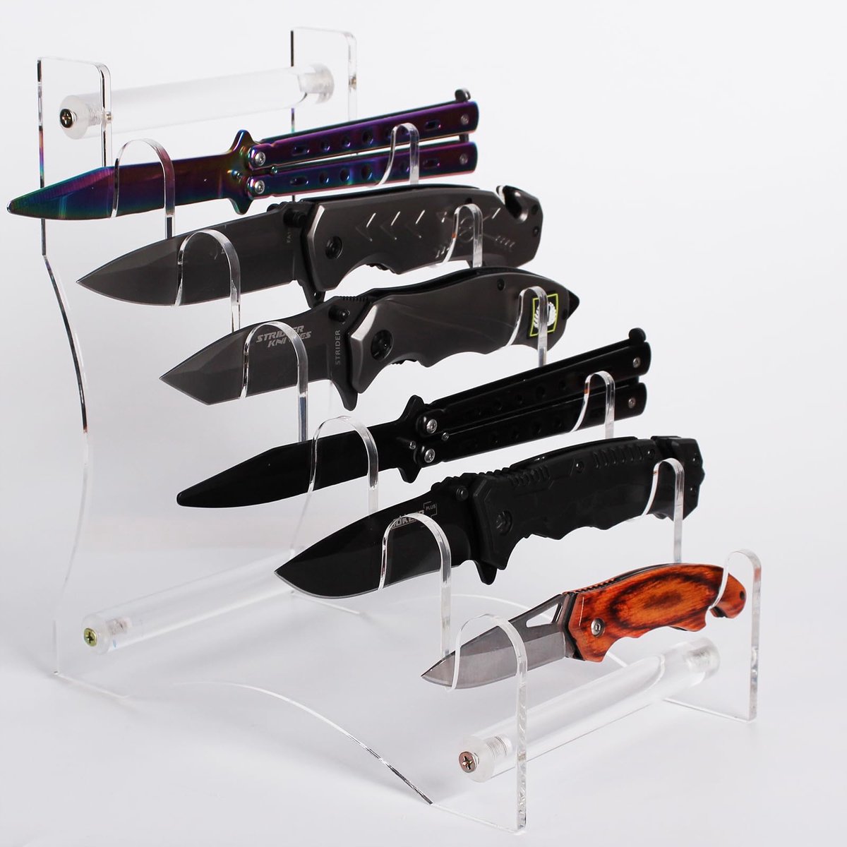 Dailygoods- Messenstandaard 6-traps - Acryl Presentatiestandaard - U-vormige Sleuven - Transparante Houder - Compacte Voetafdruk - 360° Zichtbaarheid - Messenhouder