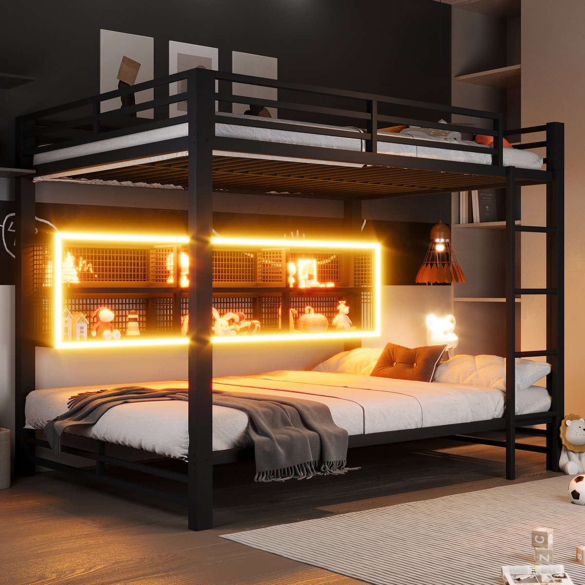Stapelbed 140x200 cm - Metalen Bed Met Opbergkast, LED Verlichting En Veiligheidsrek Zwart