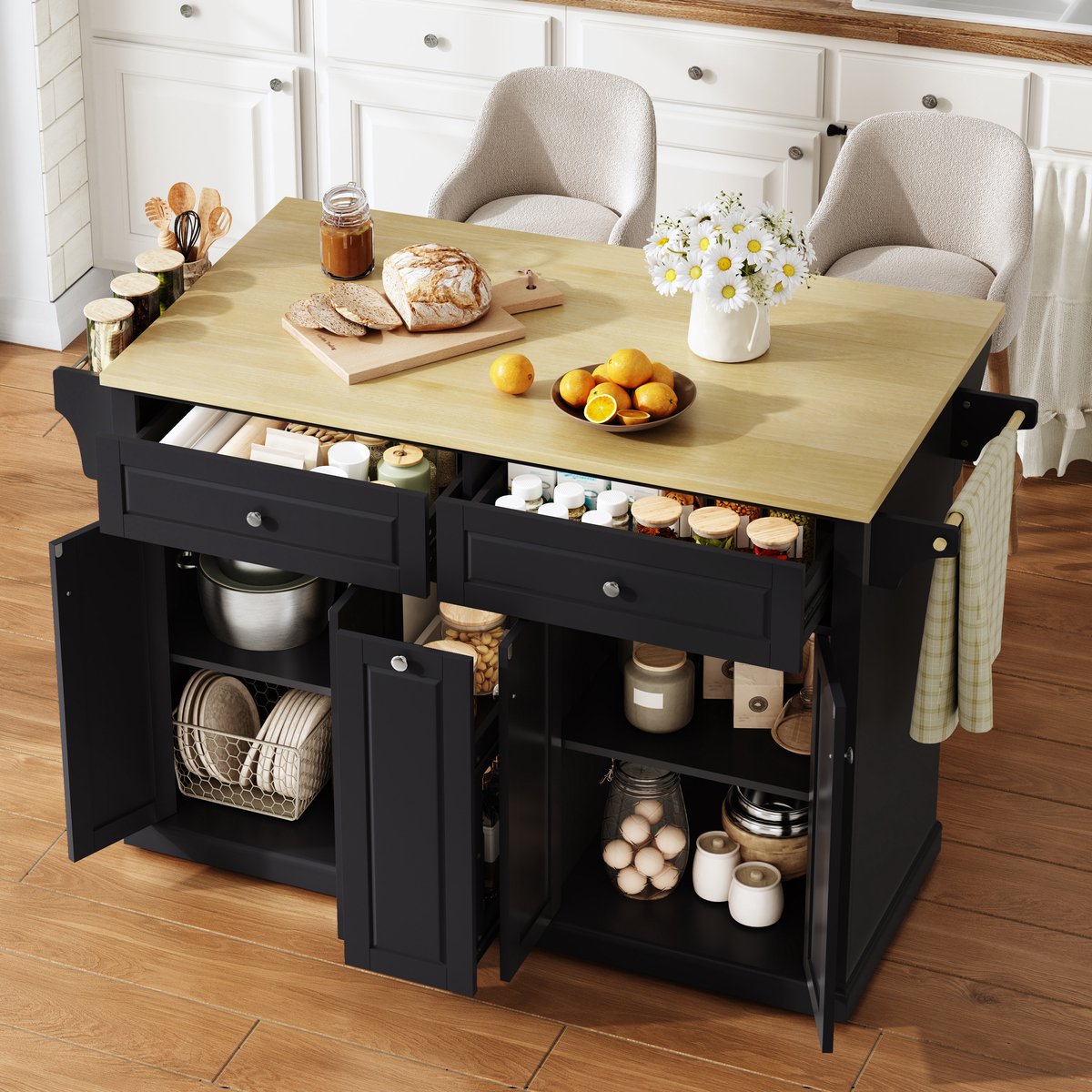 REDOM - Keuken eiland / keukenwagen met opklapbaar werkblad en opbergruimte - 2 lades, 2 grote lades, flessenrek en handdoekhouder - MDF - Zwart - Naturel hout - 121 x 69 x 89 cm