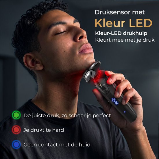 Man met gesloten ogen scheert gezicht met zwart scheerapparaat met rode LED-gloed op nek. Tekst: "Druk sensor met Kleur LED".