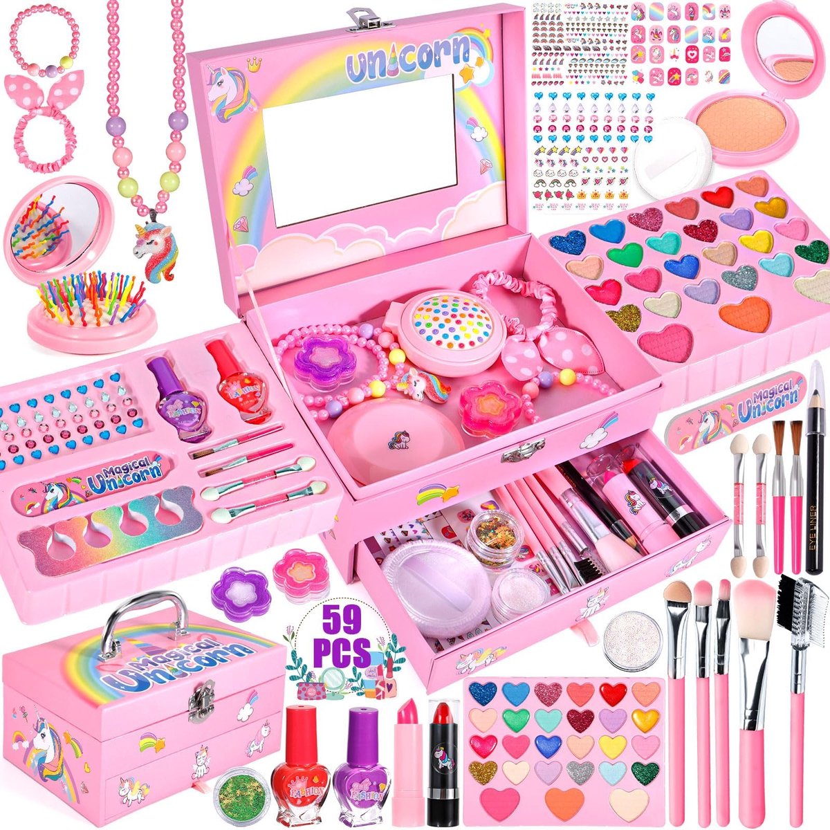 SnelShoppen - MUOIVG Kinder make-up Set meisjes 59 PCS Wasbare Make-up Koffer, Speelgoed Cadeau voor Kinderen van 5-12 Jaar, Geschikt voor Feesten, Ve