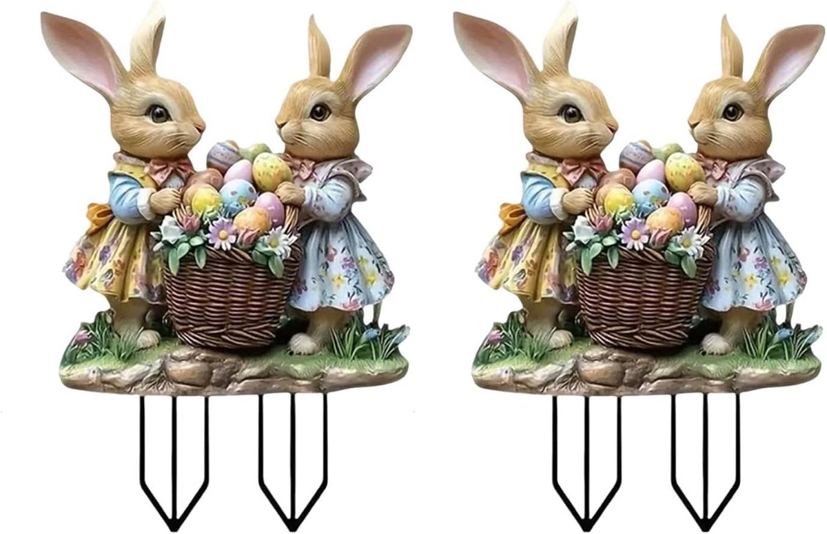 Tuinstekers Paashaas - Paasdecoratie Set - Tuin Aankleden - Vintage Motief - 10 x 7 cm - Multicolor