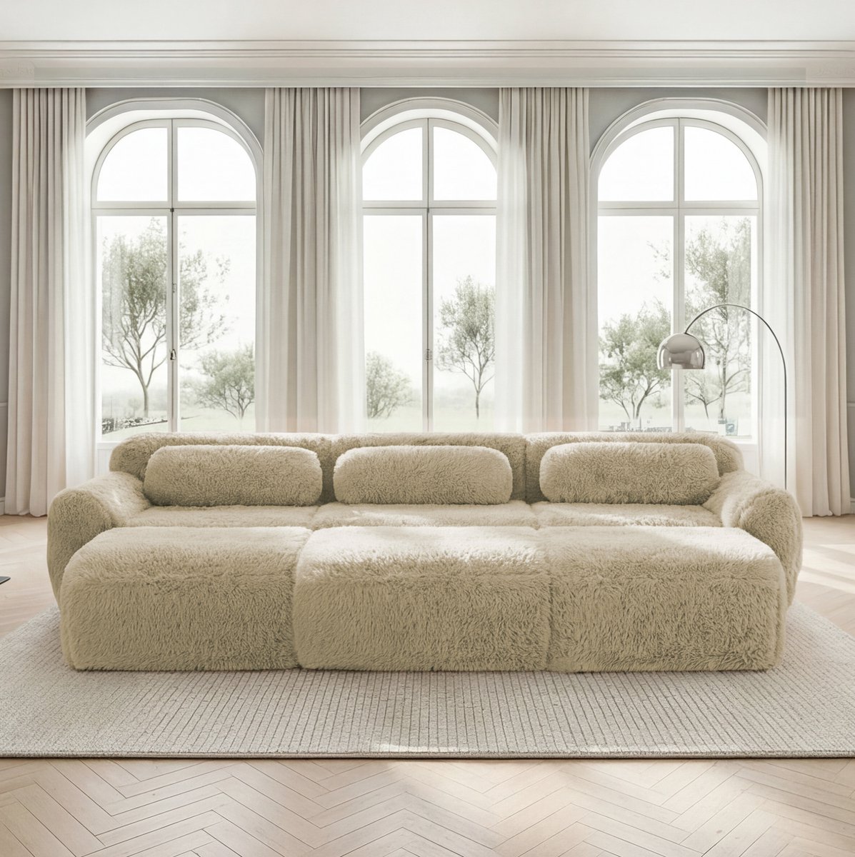 COVREO Bank 291 x 179 x 73 cm - licht khaki, pluche stof, 3-zits slaapbank met 3 ottomans