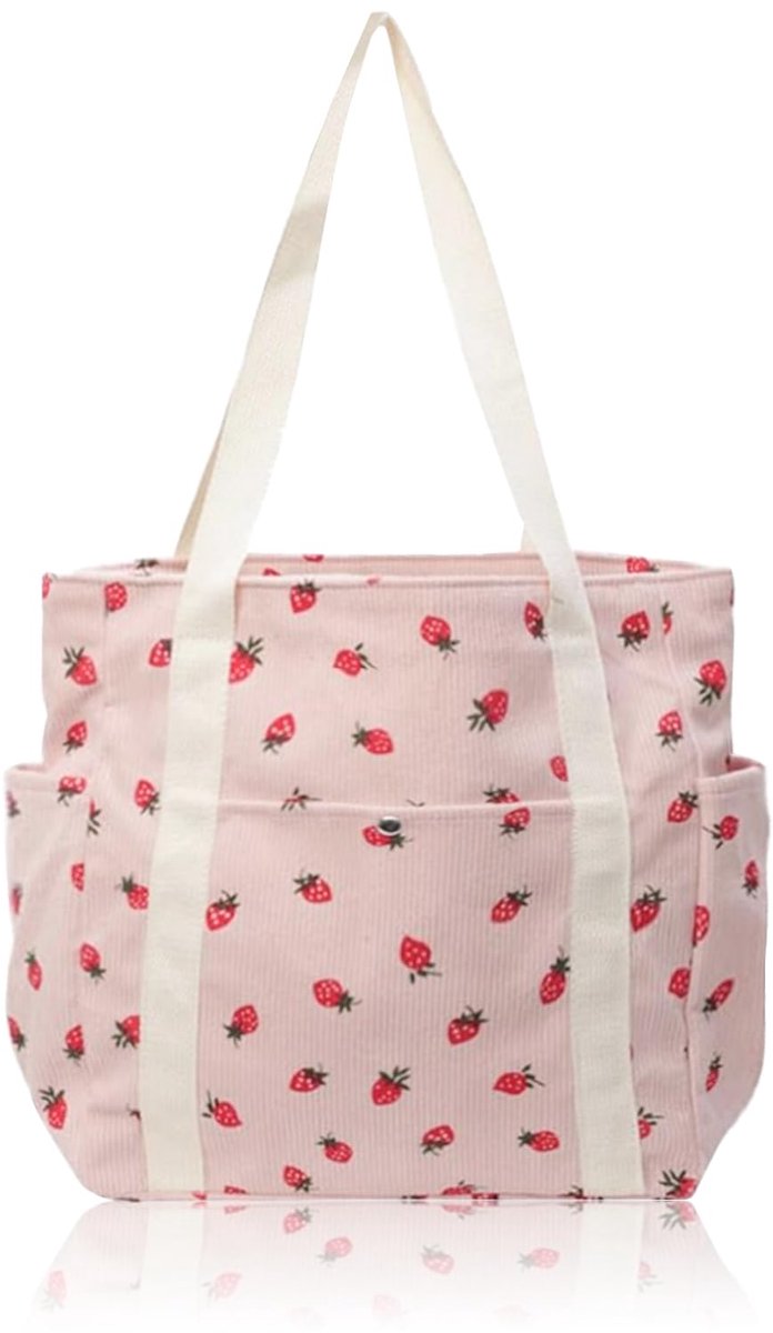 Dailygoods - Grote Corduroy Shopper Tas met Ritssluiting - Aardbeienprint Roze