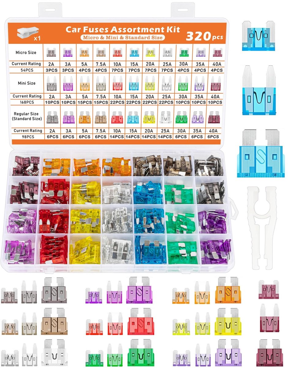 Dailygoods- Zekeringen Set 320 Stuks - Standaard/Mini/Micro - Auto Zekeringen - Zekeringtrekker - Universeel - Ampère-bereik 2A-40A - Auto Zekering