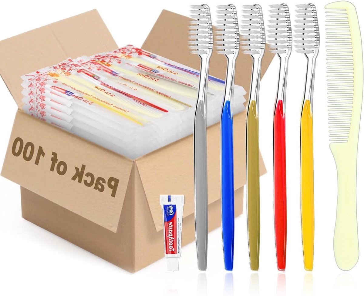Wegwerptandenborstels met Tandpasta en Kammen - Reis Tandenborstel Set - Hygiënisch Reizen - Individueel Verpakt - 100 Stuks - 5 Kleuren
