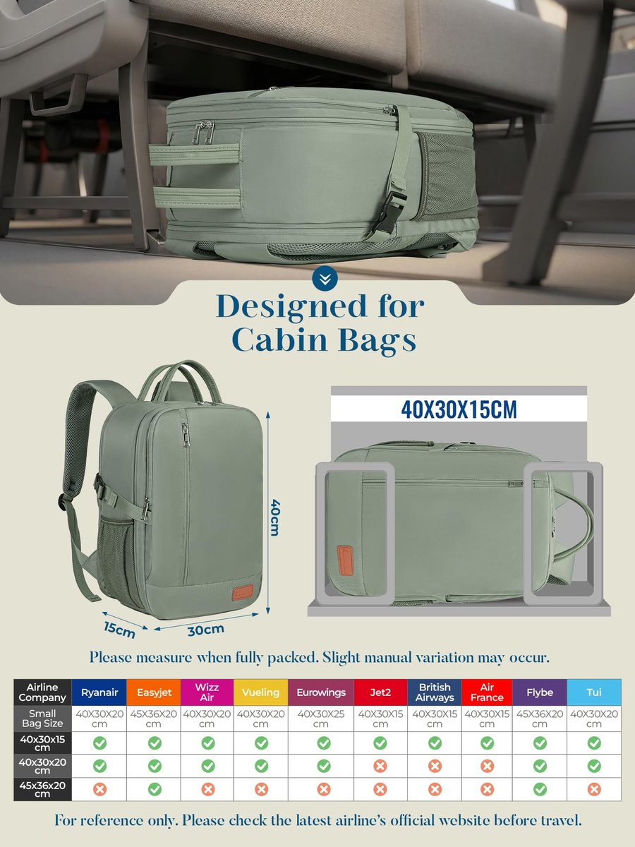 SnelShoppen - Lossga Handbagage 40x30x20/45x36x20/55x40x20 - Reisrugzak Anti-diefstal - Waterdicht - Lichtgroen - Voor Ryanair, Easyjet, Vueling - Ide