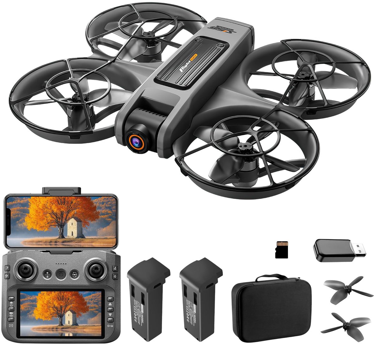 SnelShoppen - Drone met camera, 4,5 inch beeldscherm, vliegend speelgoed met SD-kaart, LED-nachtlampje, 90° verstelbare camera, 2 batterijen, geschikt