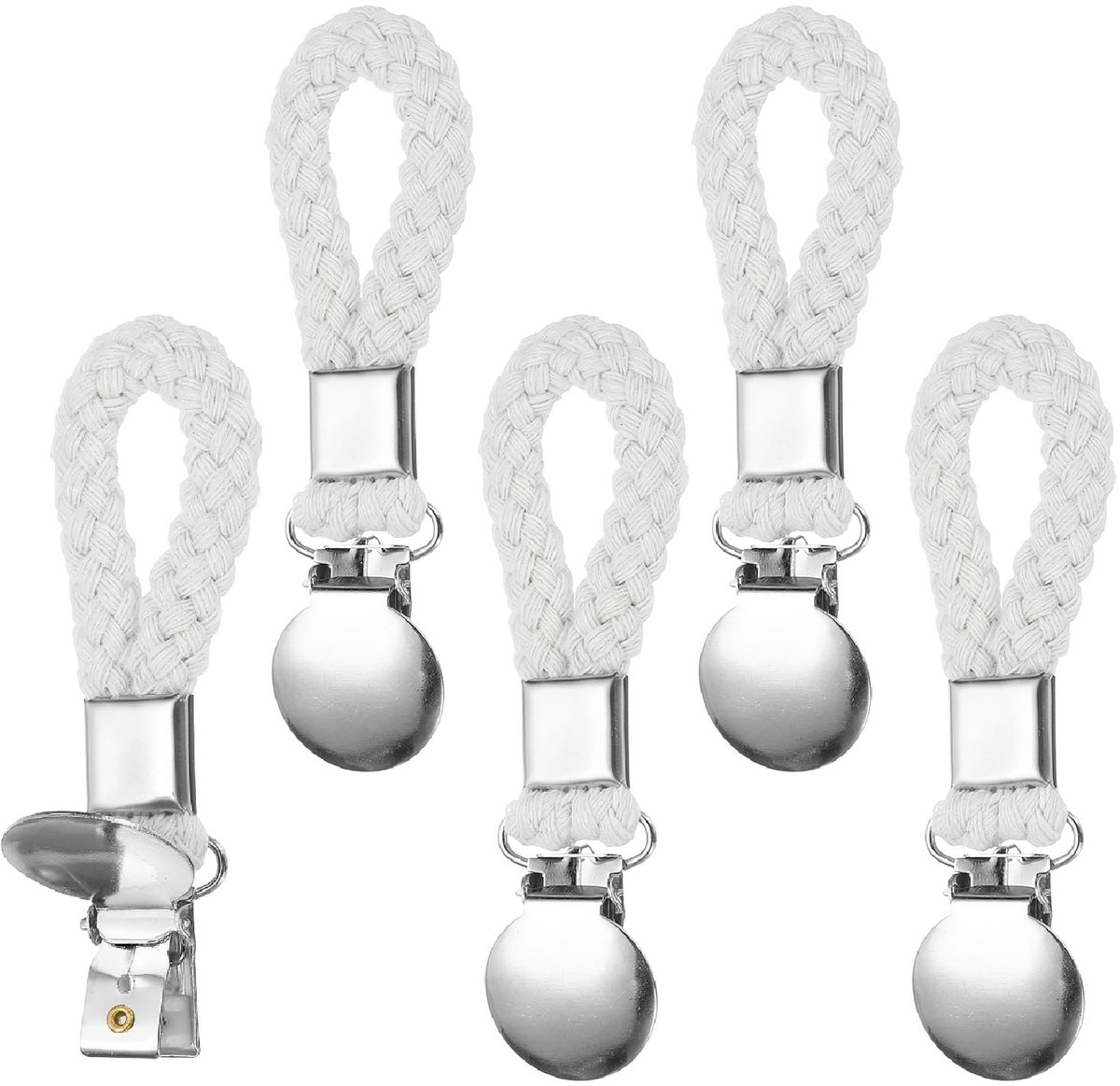Dailygoods - 5 Stuks Hangende Theedoekclips - Gevlochten Katoenen Lus met Zilveren Klem - Wit