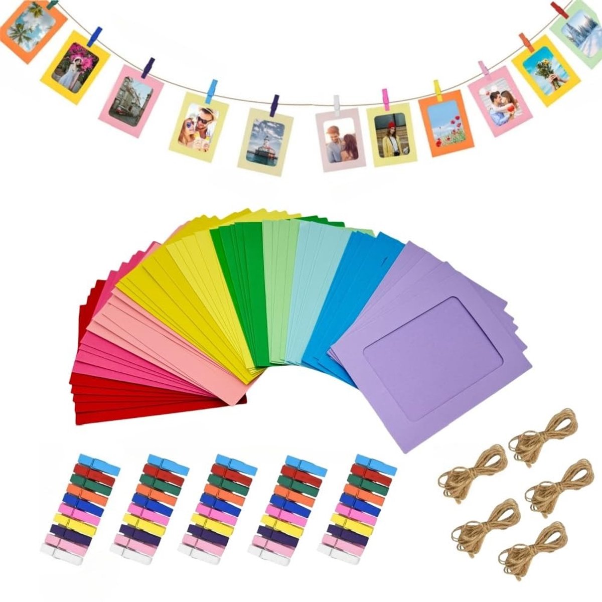 Dailygoods - Set van 50 Hangende Fotolijsten met Clips en Touw - Kleurrijk 4x6 Inch