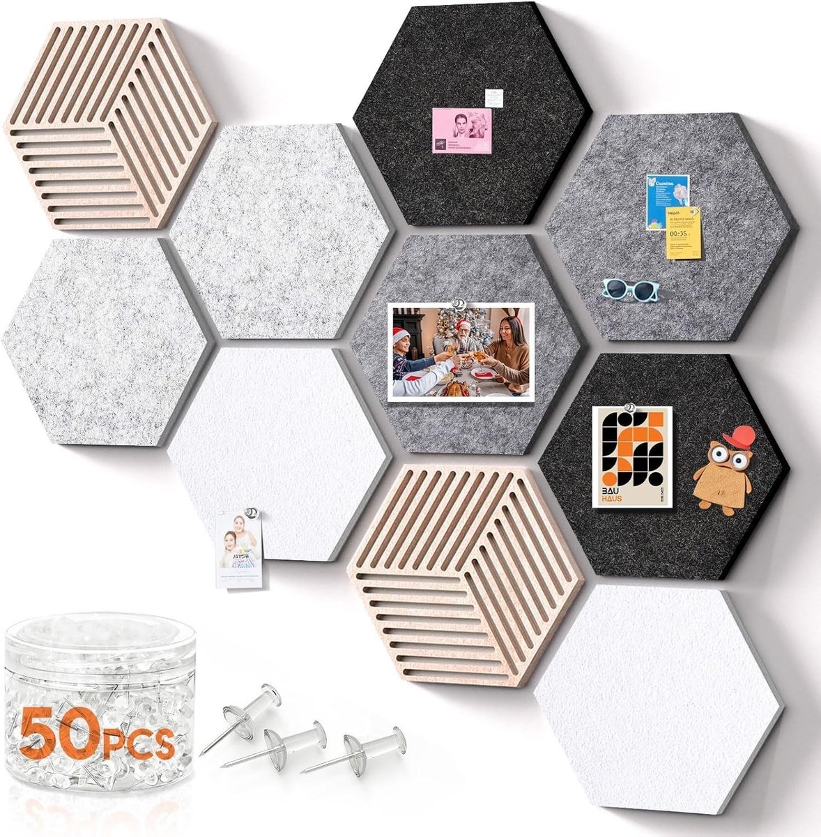 Dailygoods - Set van 12 Vilt Hexagon Pinborden - 30 x 26 cm met 110 Pins voor Creatieve Wanddecoratie