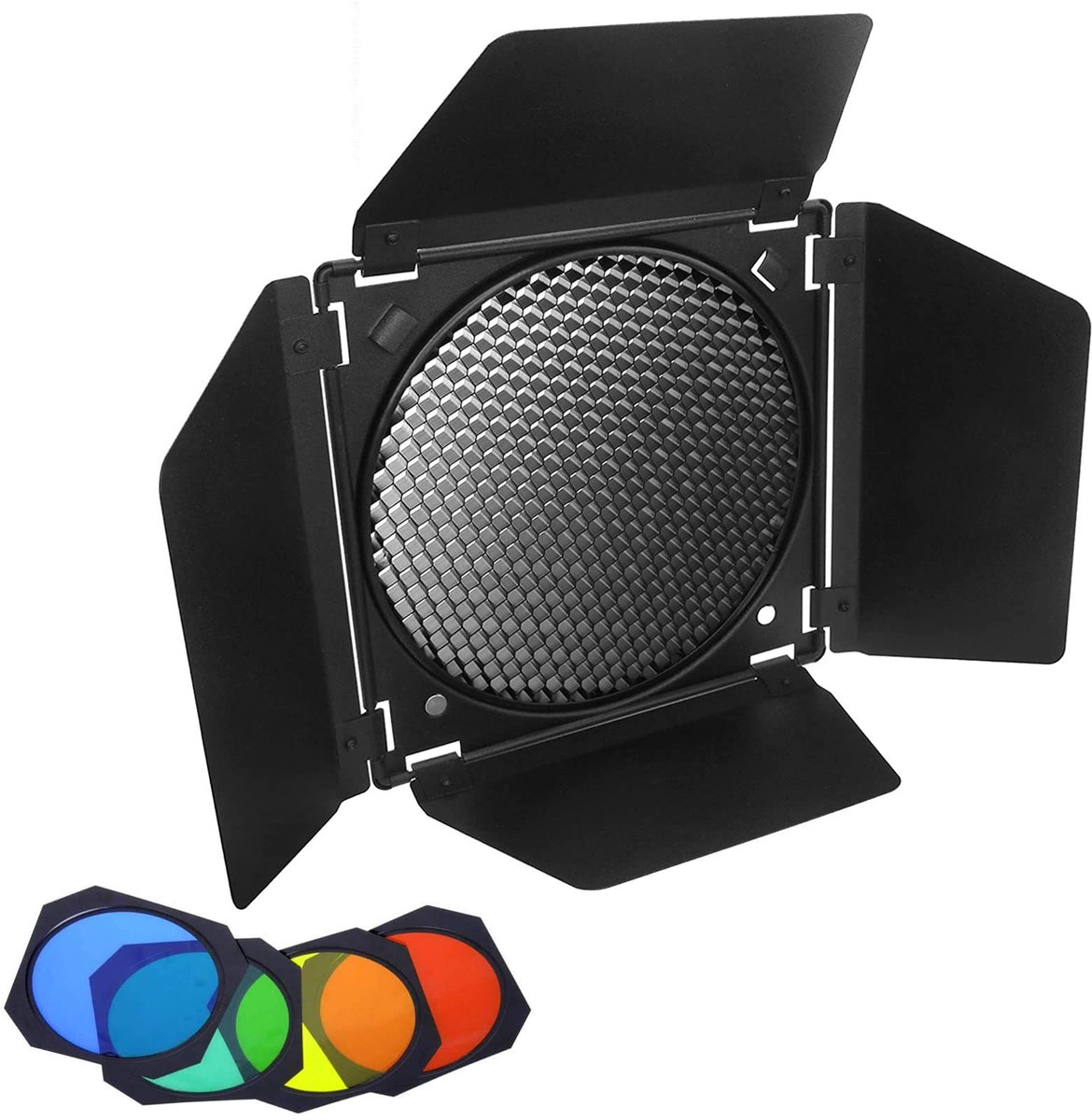 Dailygoods- Barn Deur BD-04 met Honingraat Grid - Kleurfilters - Bowens Mount - 7" Reflector - Flexibele Lichtvormgeving - Compatibel met LED Videolampen - Lichtvormer