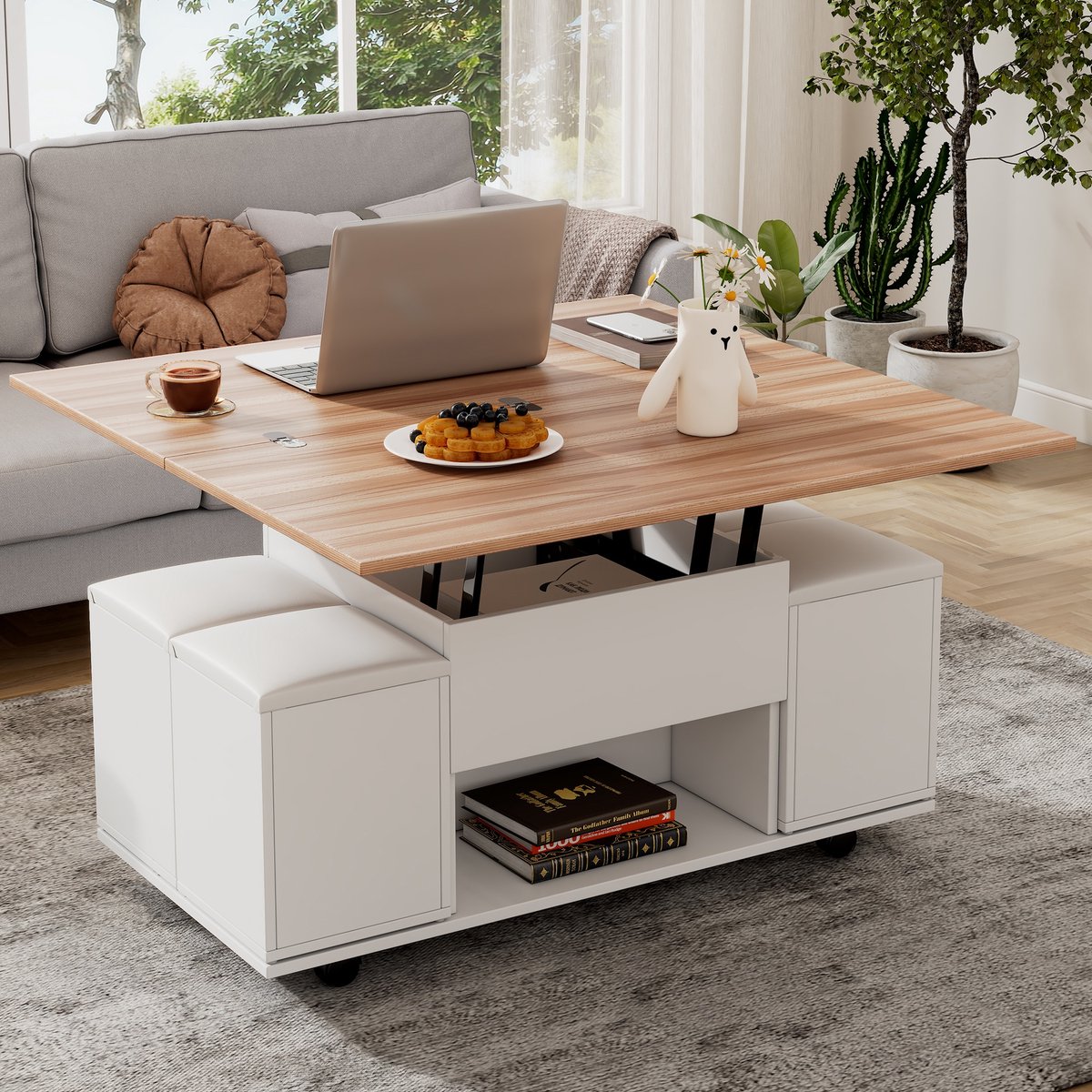 Sweiko Salontafel - In hoogte verstelbaar tafelblad - Opbergruimte - Om te vormen tot eettafel/bureau - Met wieltjes - 4 krukken - Wit + Naturel