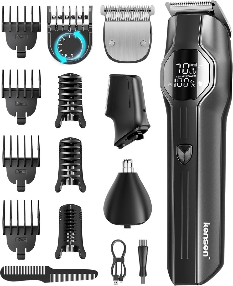 SnelShoppen - Alles-in-één baardtrimmer voor heren, 12-in-1 multistijl set, waterdicht IPX7, 210 minuten batterijduur, USB-C, led-display, voor lichaa