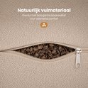 Ritssluiting op crèmekleurig meditatiekussen onthult biologische boekweitvulling. Ademend comfort.