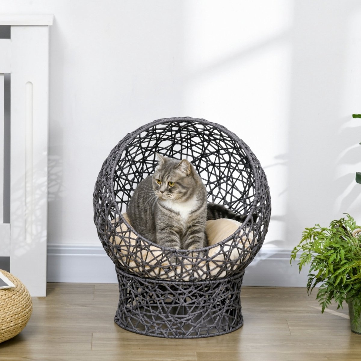 MIVRAY Kattenmand Met Kussen En Standaard – Opgevuld En Verhoogd – 50 X 50 X 60 Cm – Polyester – Grijs – Veilige Rustplek Voor Katten