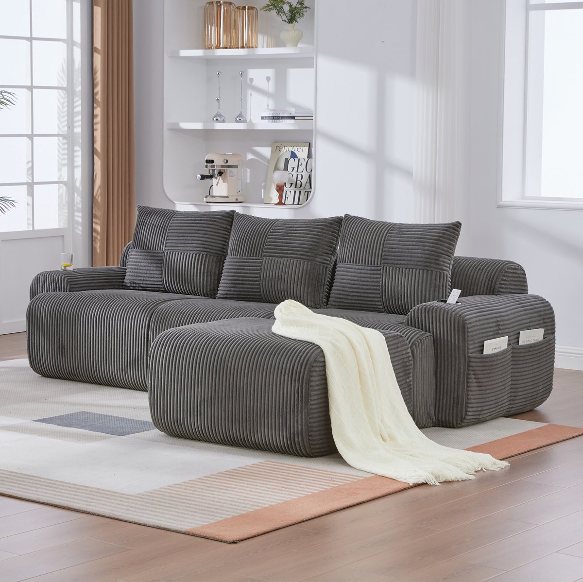 COVREO Modulaire 3-zits bank van corduroy 268 x 174 cm donkergrijs met cupholder en opberg