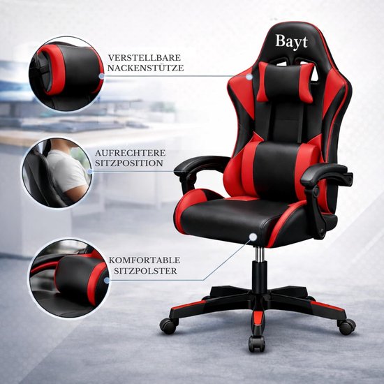 SnelShoppen - Ergonomische Gamingstoel & Bureaustoel - Verstelbare Rugleuning & Armleuningen - Premium Design voor Thuiswerken & Gamen - Rood/Zwart - van snelshoppen — afbeelding 5