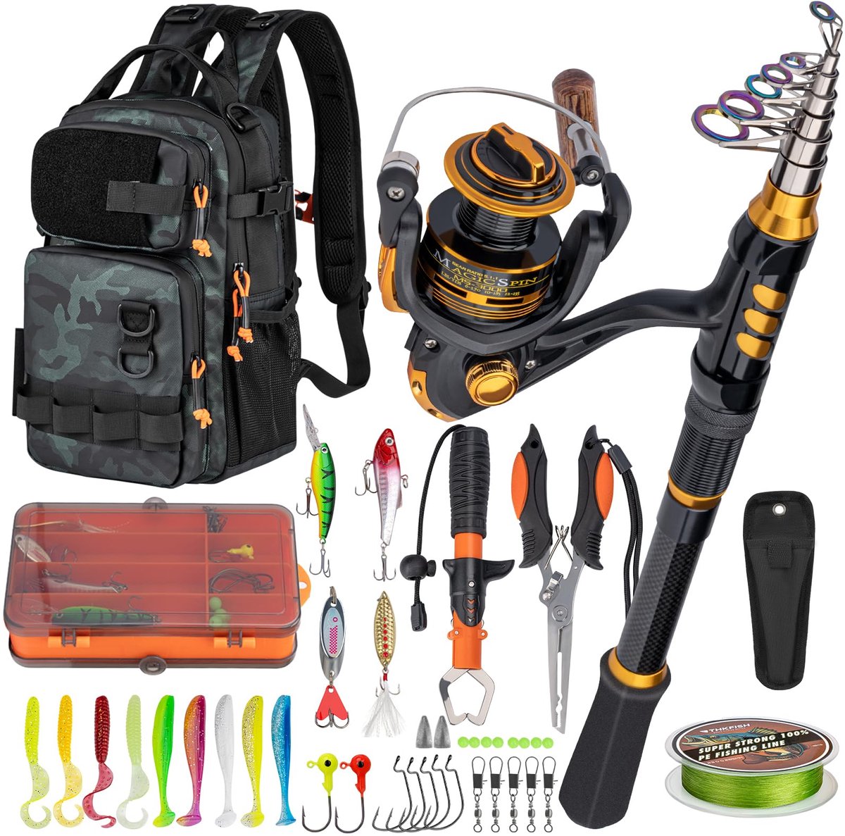 SnelShoppen - THKFISH Hengel en Haspel Combo met Rugzak - 7FT Telescopische Hengelstok Spinning Reel Kit met Kunstaas, Tang en Vis Lip Grijper voor Vo