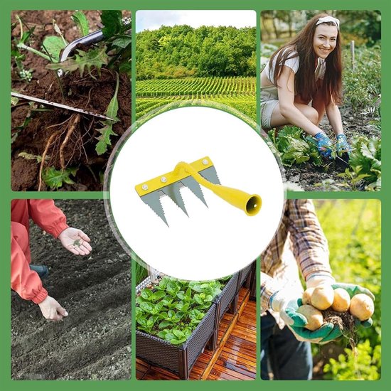 Tuinhark met 4 tanden - Onkruidverwijderaar Gazonhark - Bodem losmaken - Verdikt gehard metaal - 21 cm breed - Gele kop — afbeelding 4
