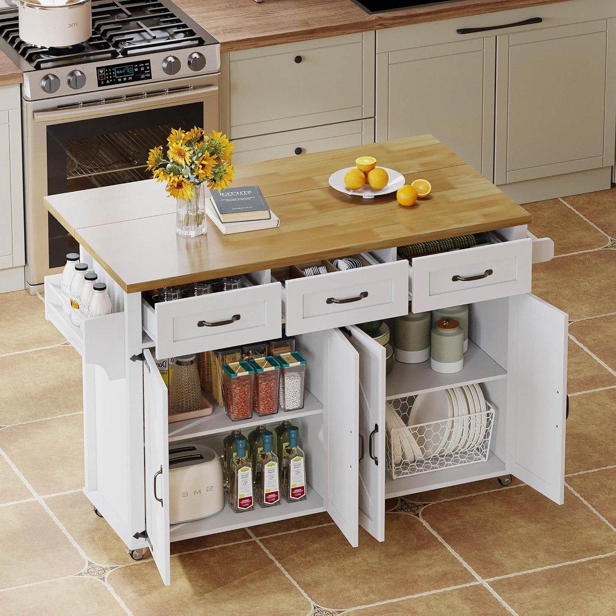 Keukeneiland met werkblad - Keukenwagen Trolley - Keuken organiseren - Inklapbaar werkblad - 140x43x90.5 cm - Wit
