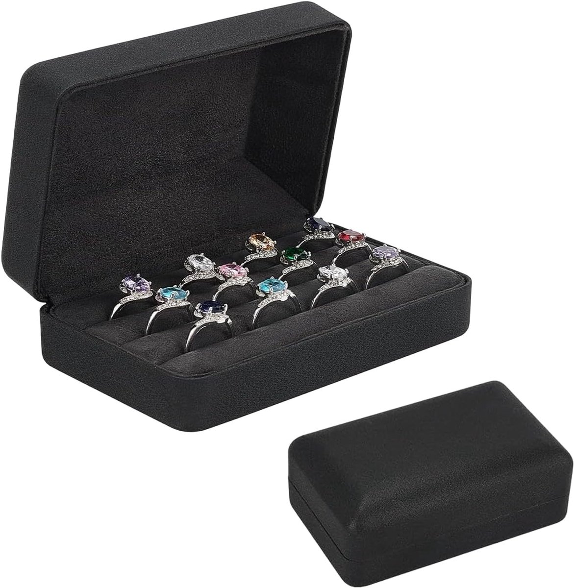 SnelShoppen - Zwarte Ring Opbergdoos - Rechthoekige Reis Sieraden Etui - PU Leer Fluweel Sieradendoos voor Dames, Heren, Meisjes - Kleine Oorbellen en