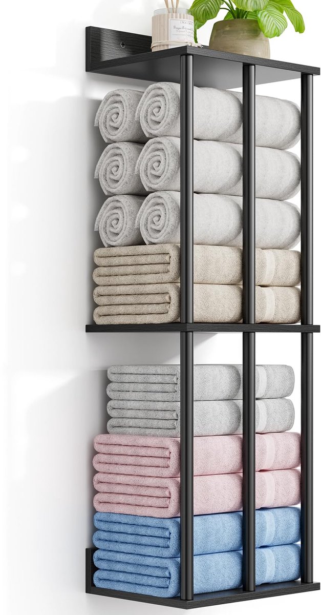 SnelShoppen - WeGXY Handdoekrekken Badkamer Muurbevestigd met Houten Opbergplank, Stevig 3-Bar Metalen Handdoekhouder, Grote Capaciteit, Handdoek Opbe