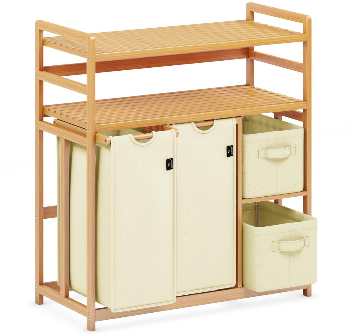 SnelShoppen - ADEL DREAM Wasmand met 4 Vakken, 140L, 2 Planken, Beige Wassorteerder met 2 Waszakken en 2 Stoffen Boxen voor Thuisgebruik, Bamboe en St