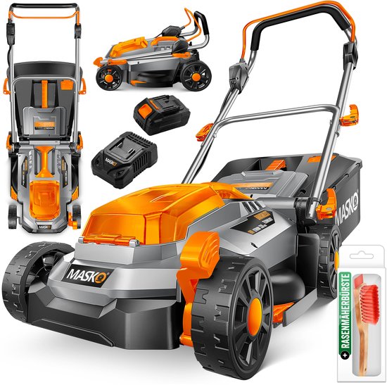 Tondeuse à gazon électrique MASKO en gris et orange, avec un bac de ramassage noir. Comprend une batterie supplémentaire et une brosse de nettoyage.