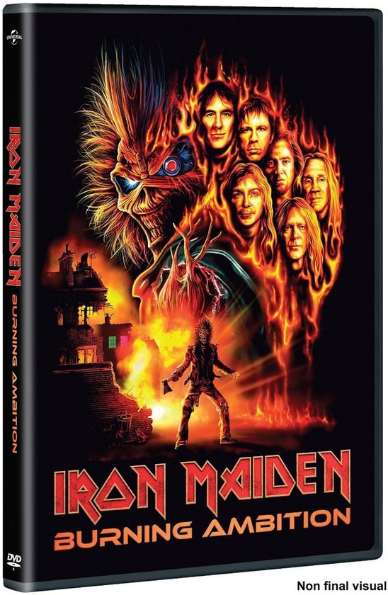 DVD hoes van Iron Maiden - Burning Ambition met vlammen, het gezicht van Eddie en de bandleden.