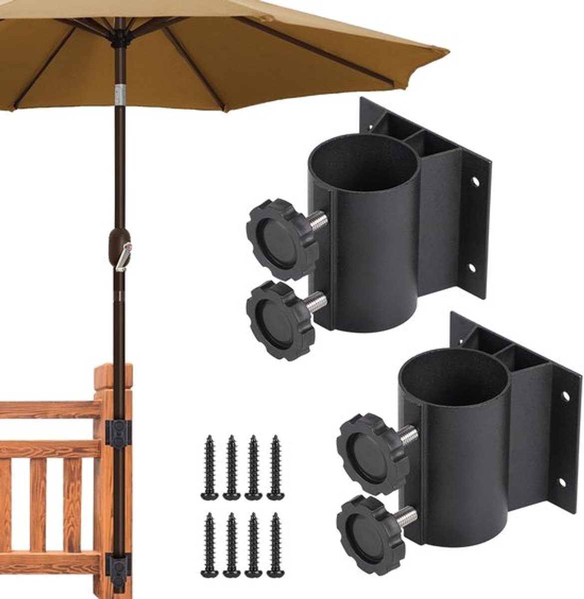 Parasolhouder voor balkonleuningen - Geschikt voor parasolstangen 33-50 mm - Inclusief 8 schroeven - Duurzaam - Eenvoudige installatie - Geschikt voor terras en tuin - Parasolstandaard
