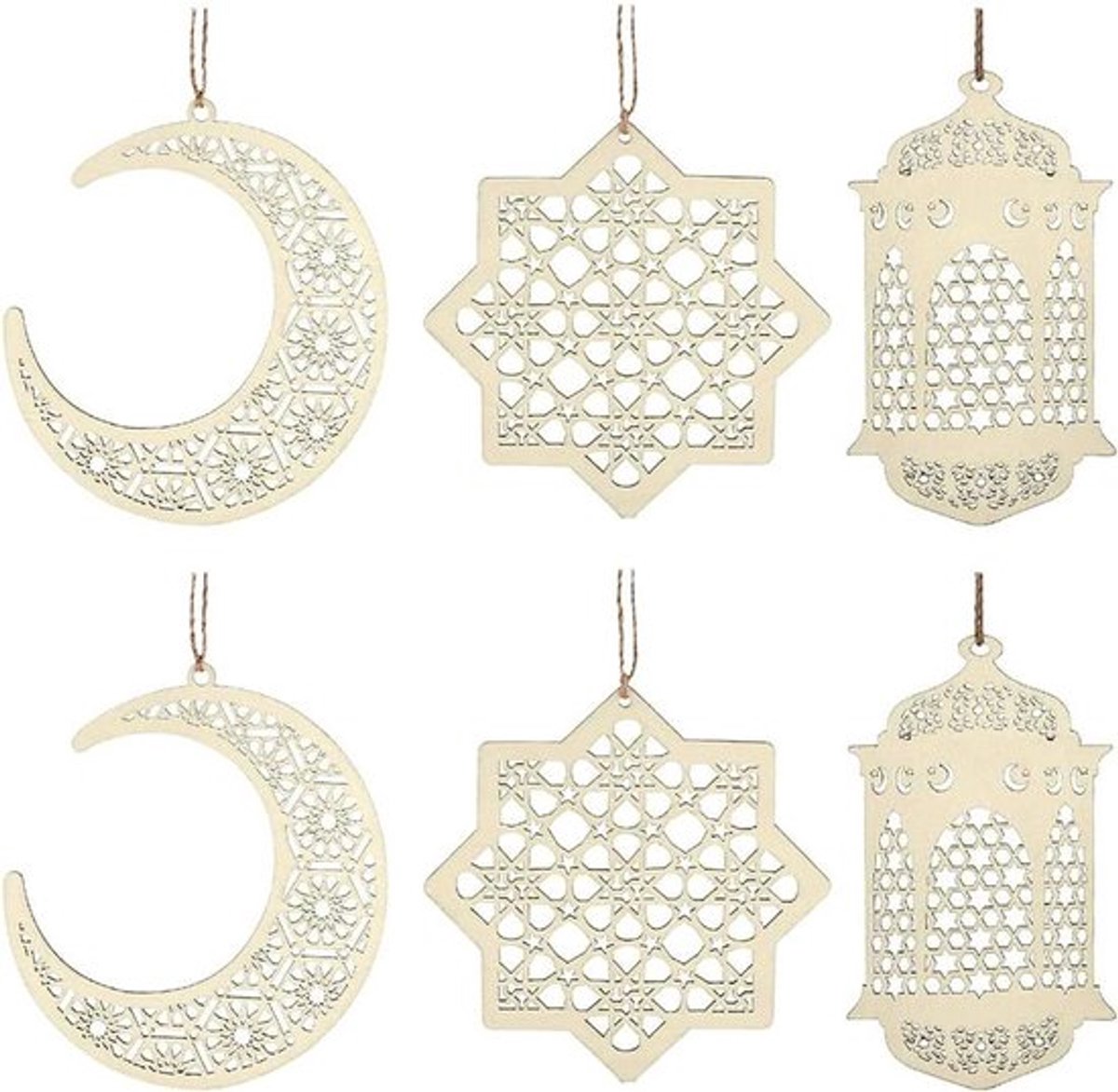 Houten Hanger Ornament Ramadan - Decoratie - Maan Ster - Wind Licht Vorm - Mubarak Eid - Ramadan Kareem - Geschikt voor Eid Decoraties - 2 Sets 6 Stuks Houten Hanger Ornament