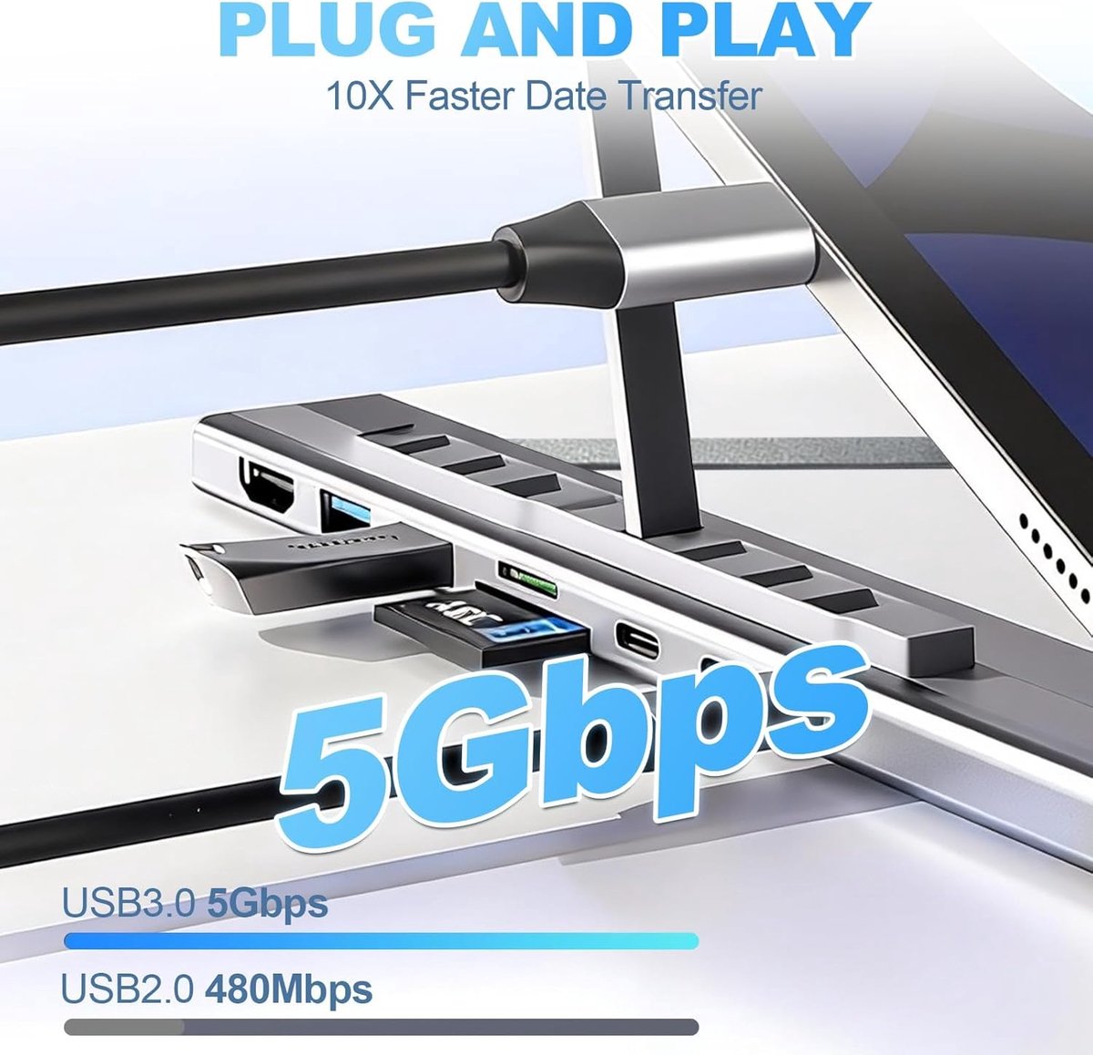 Laptopstandaard Dockingstation - Verstelbare Standaard Hub - Productief Werken - 8-in-1 Aansluitingen - 10-17 inch - Zwart thumbnail 6