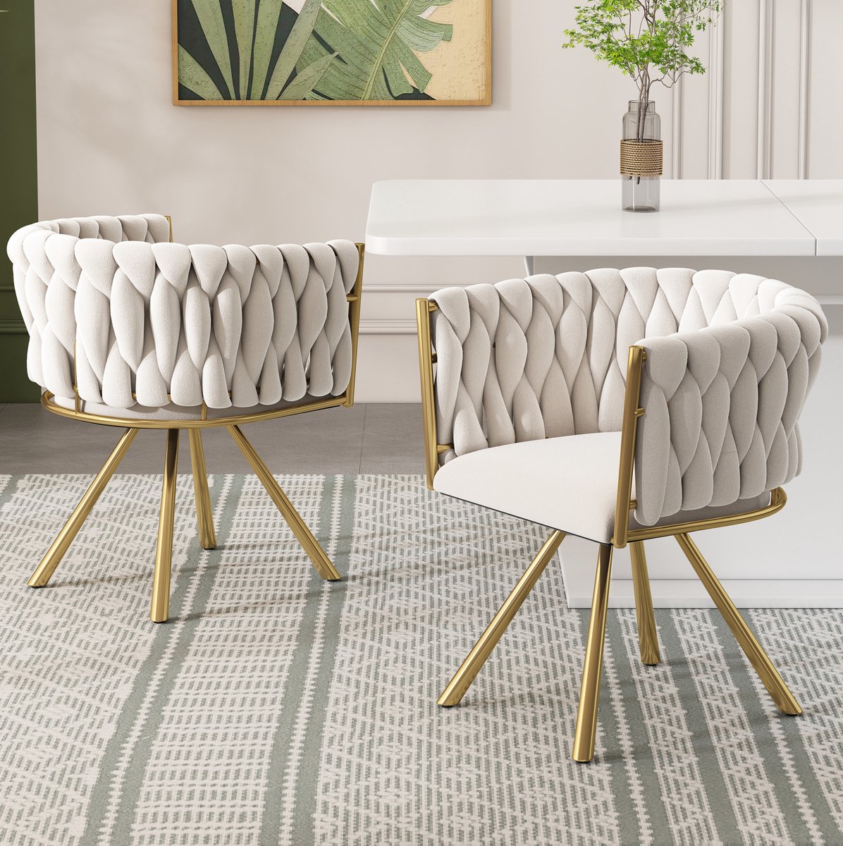 COVREO Eetkamerstoel set van 2 59x54x72 cm - beige velvet, goud metalen onderstel, draaibaar