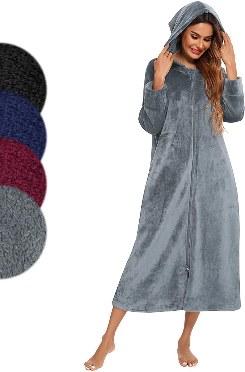 SnelShoppen - Lange Badjas voor Heren en Dames met Rits en Capuchon - Pluizig Flanel - Praktische Voorzakken - Maat M-L-XL-XXL - Donkergrijs - Perfect