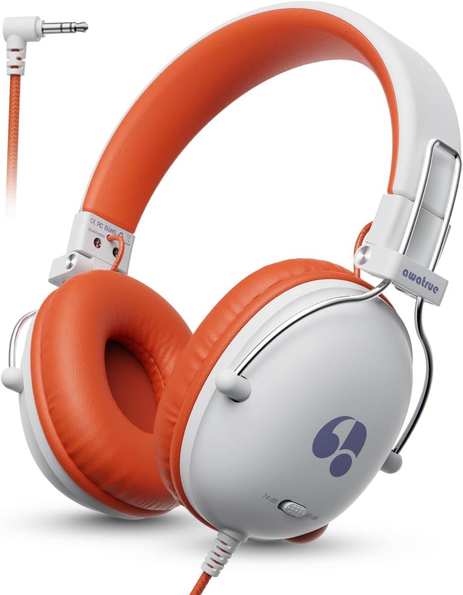 SnelShoppen - Kinderhoofdtelefoon, Opvouwbare Over-ear Hoofdtelefoon Voor Kinderen, Kabel, 74/85 dB Volumegrens, Stereogeluid, HD-geluid, Wit Oranje,