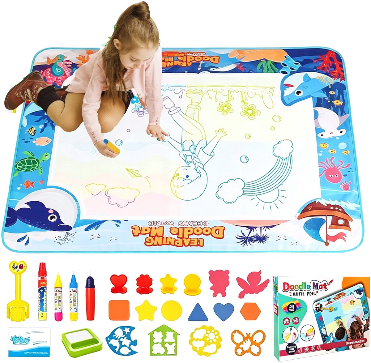 XL Water Tekenmat - Aqua Magic Tekenbord - Doodle Mat - 100x80 cm - Herbruikbaar - Inktloos - Educatief Speelgoed - Waterpennen & Stempels & Sjablonen & Accessoires - Montessori - Cadeau