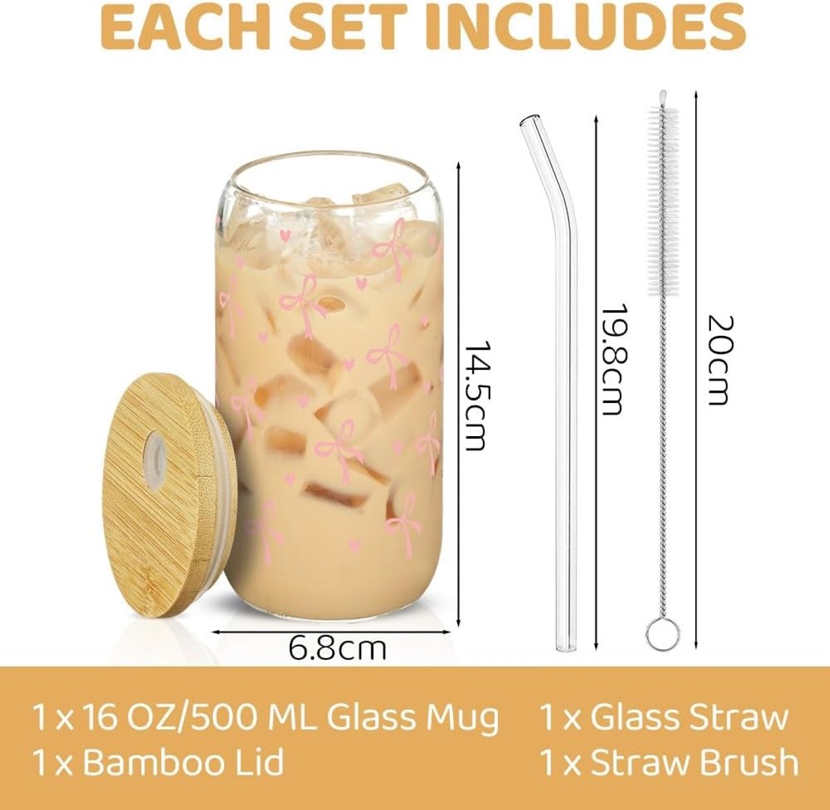 Glazen Iced Coffee Bekers - Lint - 500 ml - Borosilicaatglas met Luchtdicht Bamboe Deksel - Voor Familie en Vrienden