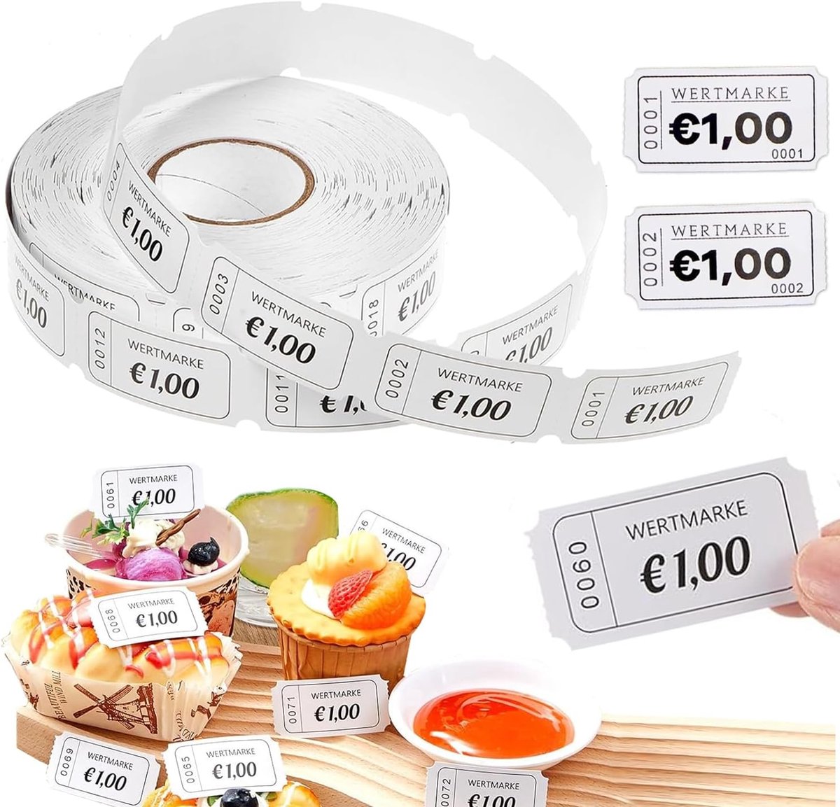 Waardelabelrollen, 1000 waardelabels, waardebonnen, 1-1000 volgnummer afscheuren, etensmerken, drankmerken, wasmerken - ShopVlot